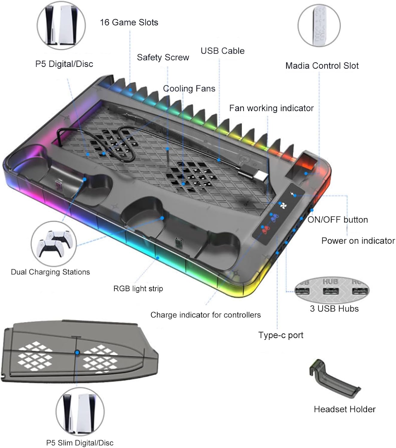قاعدة شحن يد تحكم PS5 بثلاثة منافذ USB مع مروحة تب...
