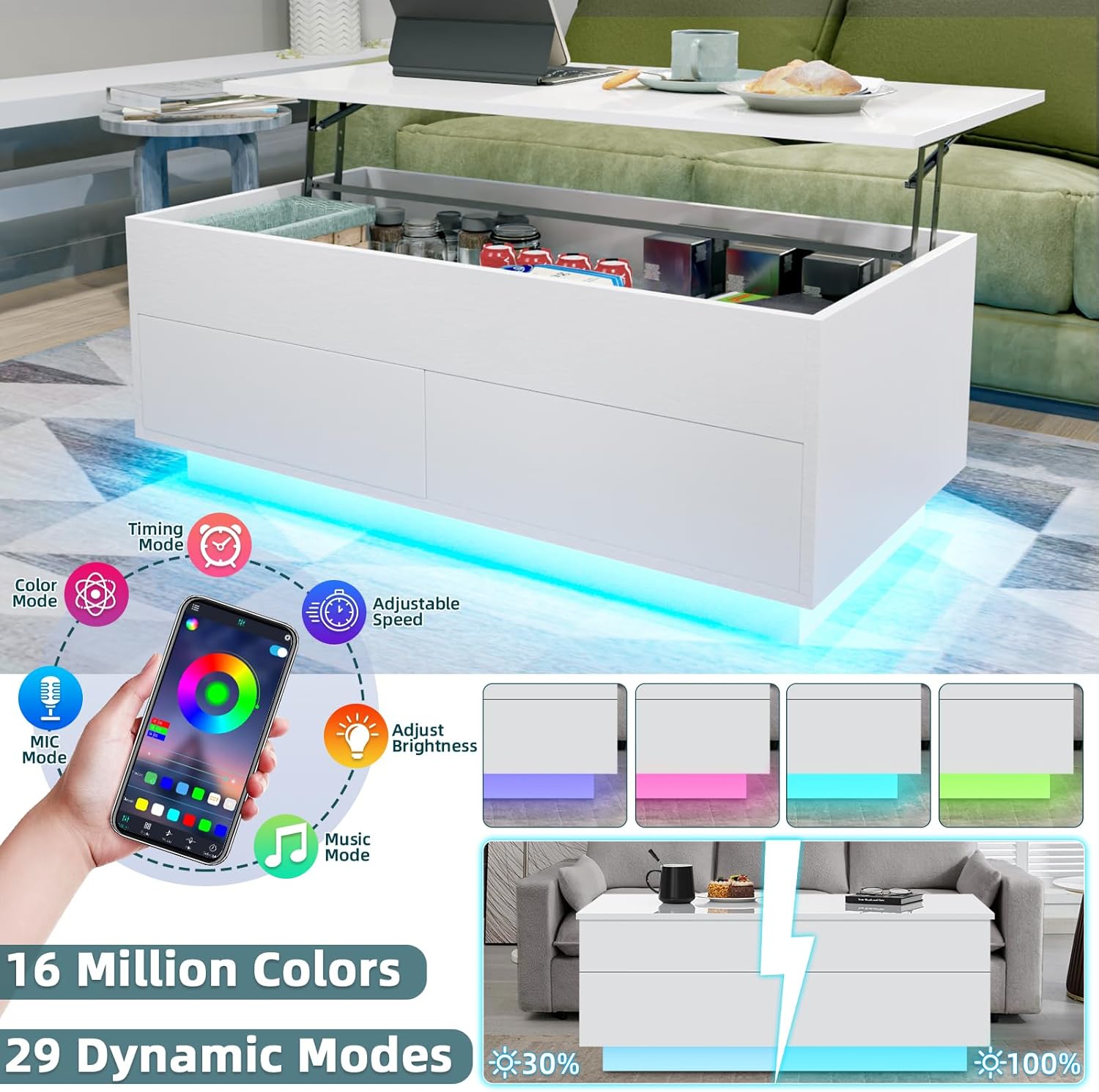 HOMMPA LED Coffee Table for Living Room Lift Top Coffee Tables with Storage Morden High Gloss 4 Tiers Black Tea White Center Tables Sofa Hidden Compartment & 2 Drawers