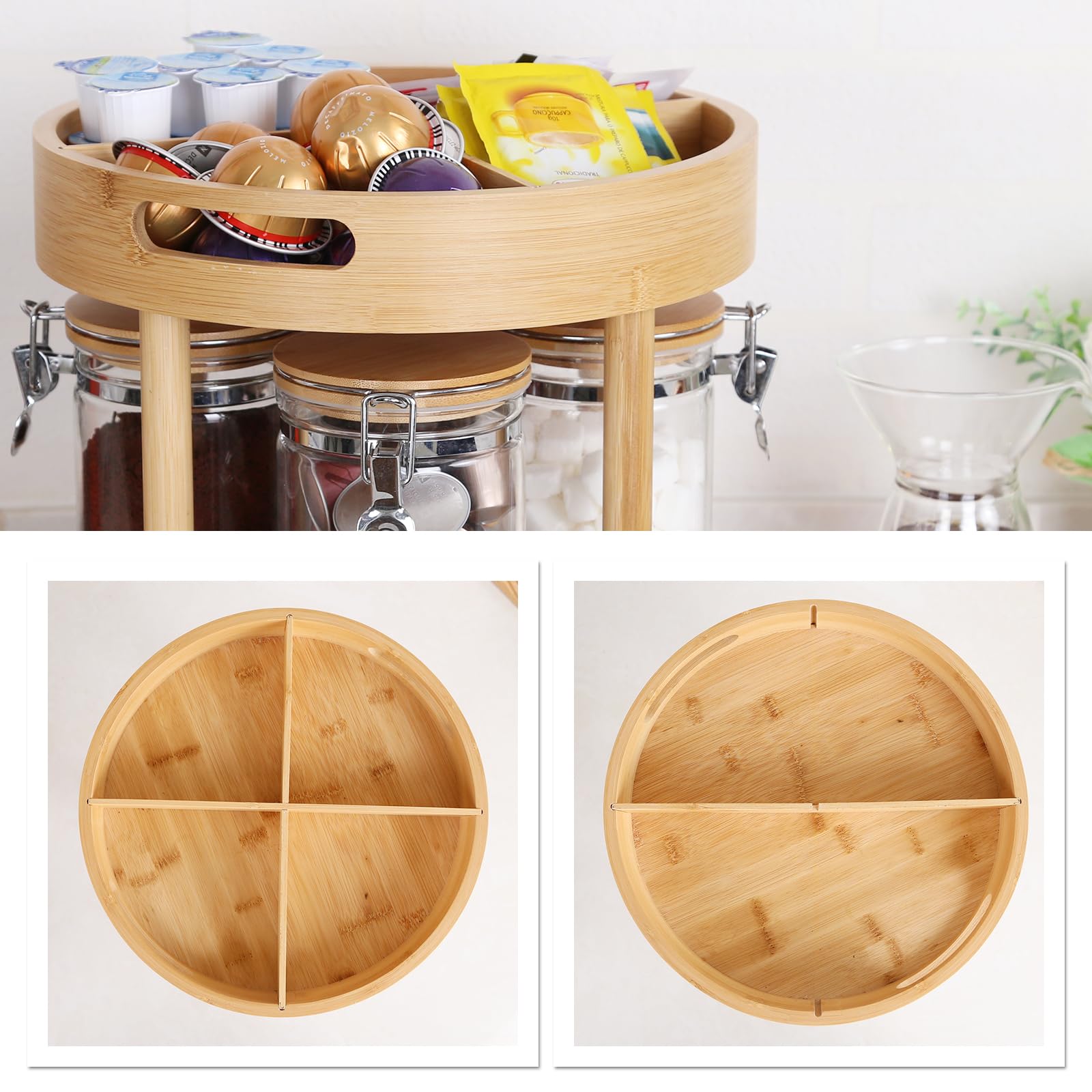 KKC HOME ACCENTS Kaffee-/Tee-Bar-Zubehör-Organizer für Arbeitsplatte, luftdichte Glas-Kaffeedosen mit drehbarem Bambusgestell für Kaffeebohnen, gemahlenen Kaffee, Tee, Kaffeekapseln