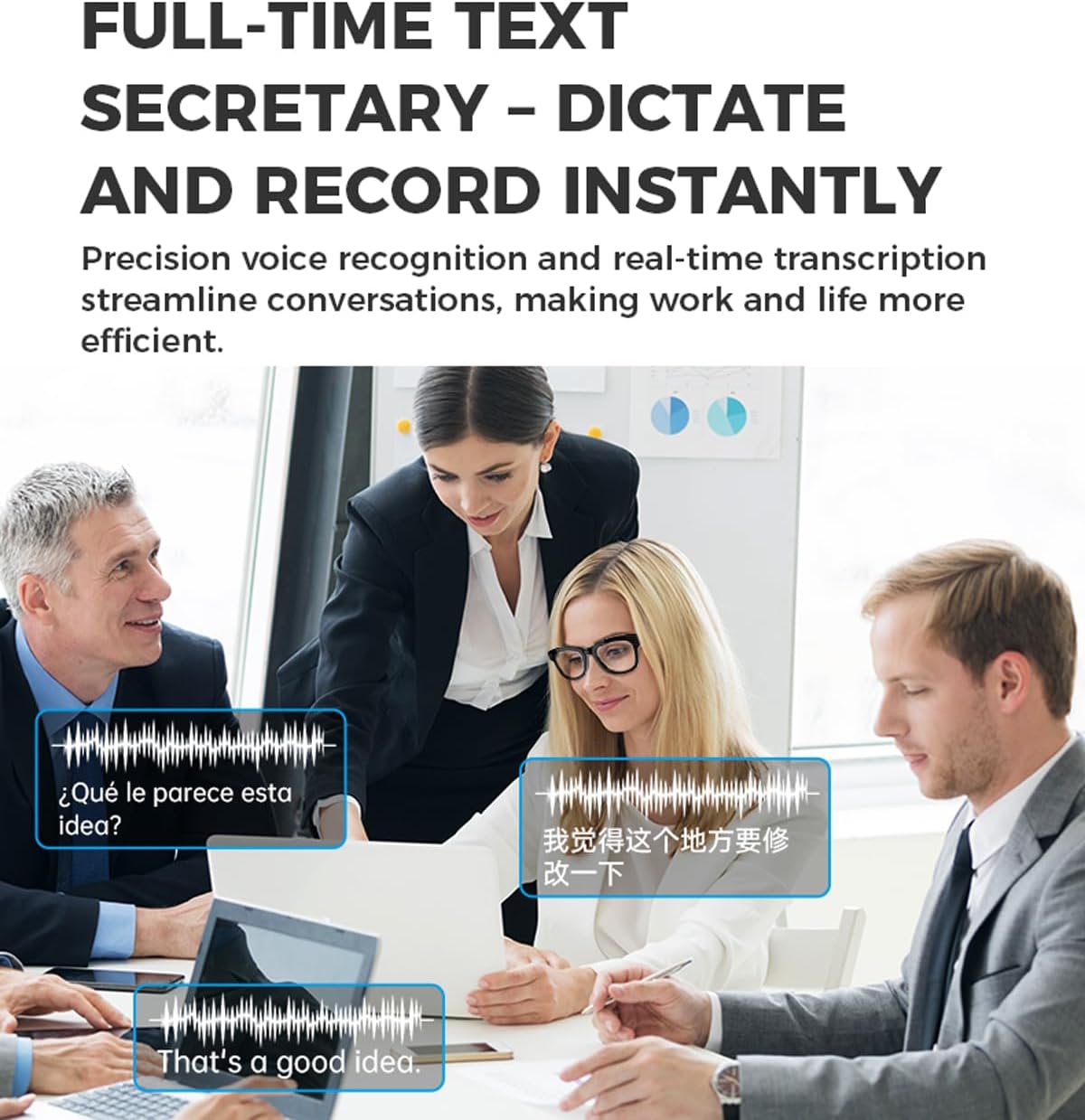 People in a business meeting with voice waveforms and translated text bubbles, demonstrating real-time voice recording and transcription capabilities.