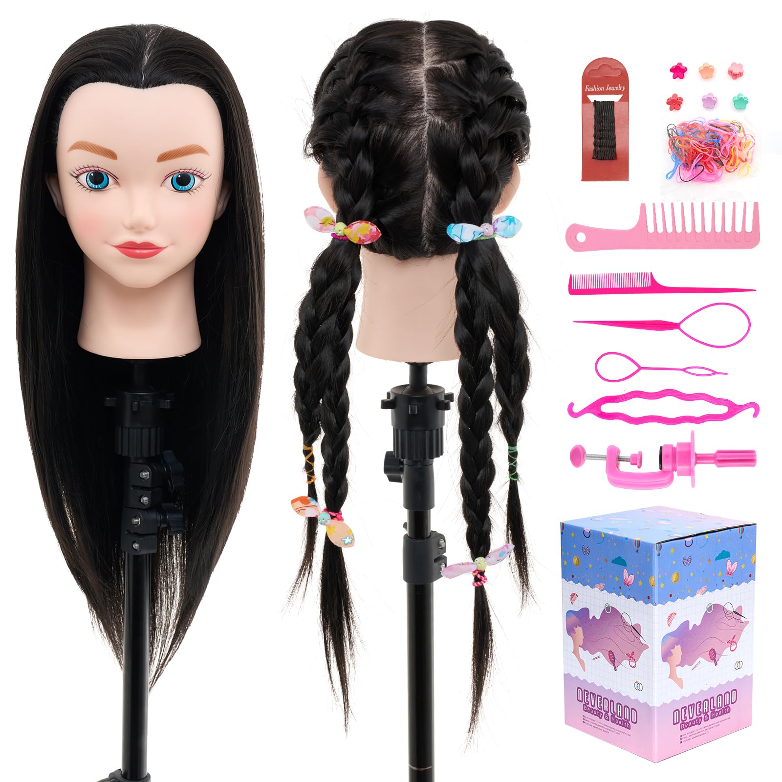 everland Frisierkopf 20 Zoll 100% Synthetisches Haar Übungskopf Trainingsköpfe Frisierkopf Schminkkopf Styling mit Tischklemme Und Haarflechtset