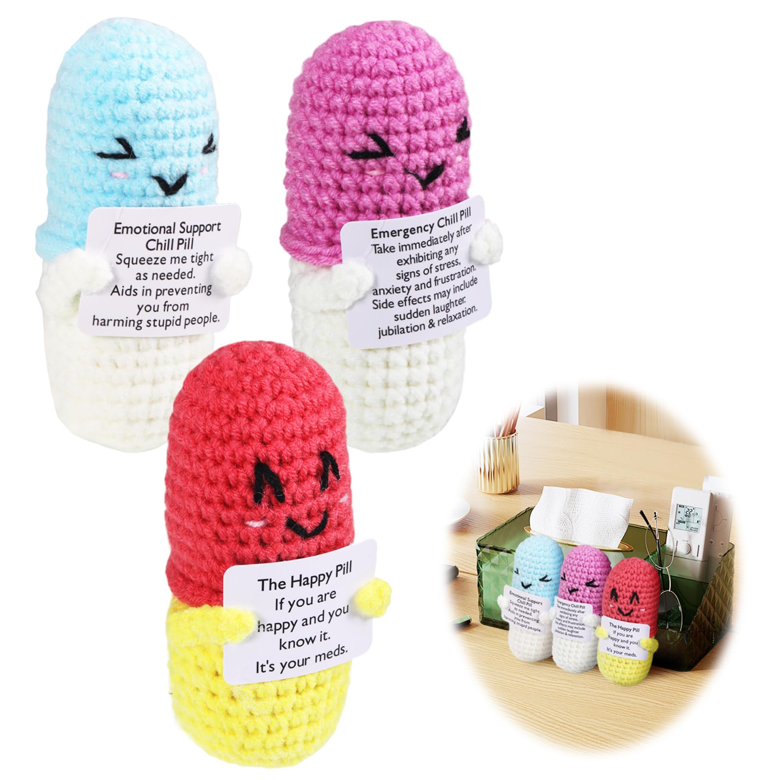 iewrtcin 3 Pieces Mini Plush Knitted Wool Doll Emotional Support Funny Gifts,Positive Pickle Women Gifts,Crochet Emotional for Kids Adults (Healing Capsules)