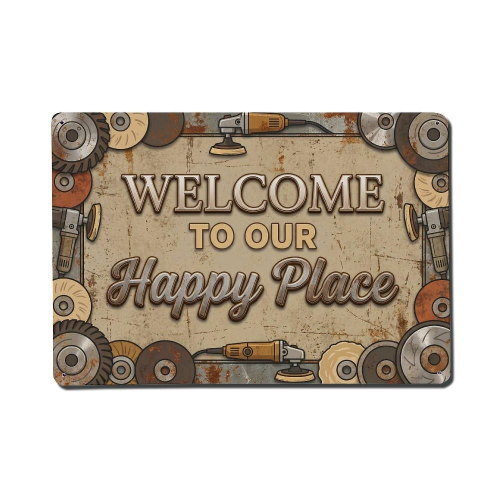 Okngb Style Tool Gear Welcome Happy Place Weathered Frame Border Metal Tin Sign Plaque Wall Decor For Cafe, Man Cave, Club Bar, Office, Home Garden Round Metal Poster 8X12inch