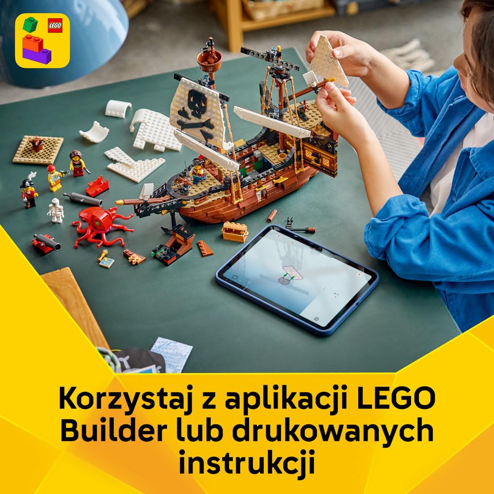 LEGO Creator 3 w 1 Legendarny statek piracki, zabawka konstrukcyjna dla chłopca lub dziewczynki, możliwość przebudowania na zamek lub bliźniacze statki, prezent dla dzieci w wieku od 9 lat 31387