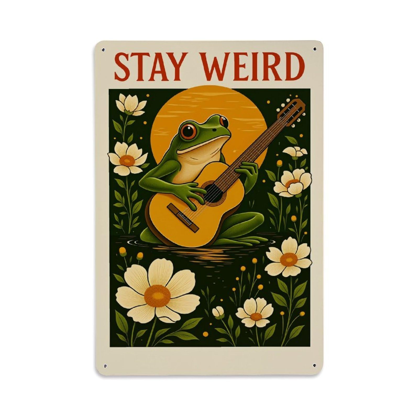 Enderetf Vintage Frog Playing Guitar Flowers Moon Tin Sign Metal Poster, Home Bar Garage Man Cave Cafe Indoor & Outdoor Wall Decoration 8X12inches