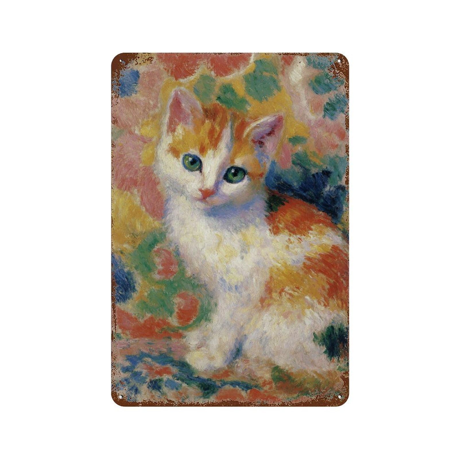 Rust Effect Colorful Kitten Painting Vintage Rust Metal Sign 11.8"x7.9", Old School Wall Decor for Cafe, Home Bar And Lounge Decor