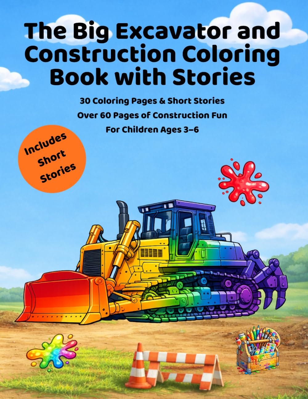 The Big Excavator and Construction Coloring Book with Stories: 30 Easy Coloring Pages with Excavators, Construction Vehicles, Cranes and Short Stories for Kids Ages 4–7
