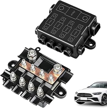 Fuse Holder For 1X For MEGA And 4X For MIDI Fuses With Integrated Busbar Protective Cover Heavy-Duty Polyamide Panel-Mount Design For Car Boat Camper Solar Off-Grid Distribution Black