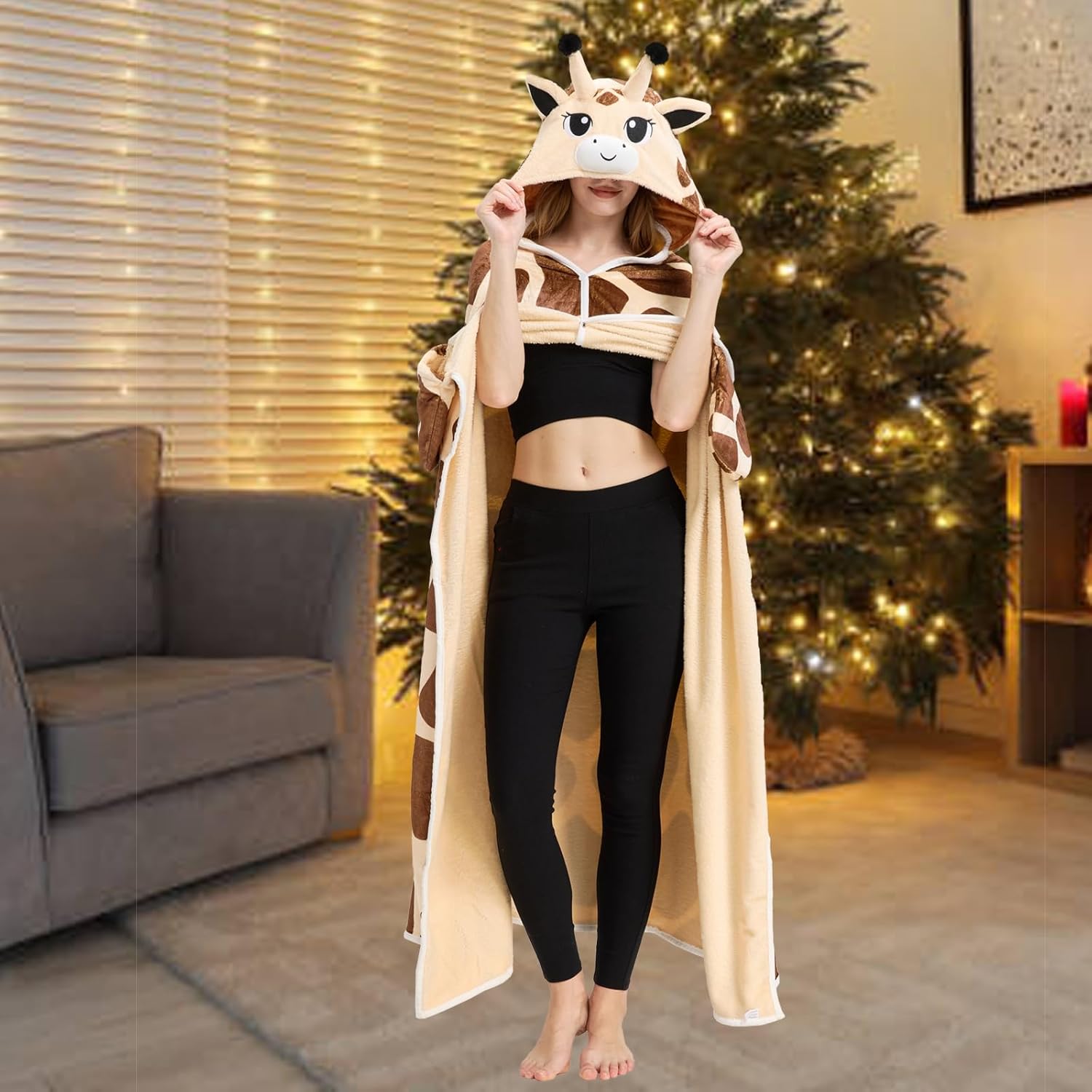 Giraffe Wearable Blanket Cute Squirrel Blanket Hoodie Animal Costume Funny Gift Suitable for Women Men