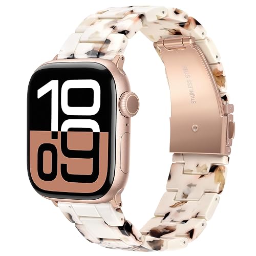 V.R.HOPE Resin Watch Band Compatible with Apple Watch Band for Women 38mm 40mm 41mm 42mm Rose Gold Fashion Lightweight Bracelet Strap for iWatch Series 11/10/9/8/7/6/5/4/3/2/1/SE3(Nougat White)