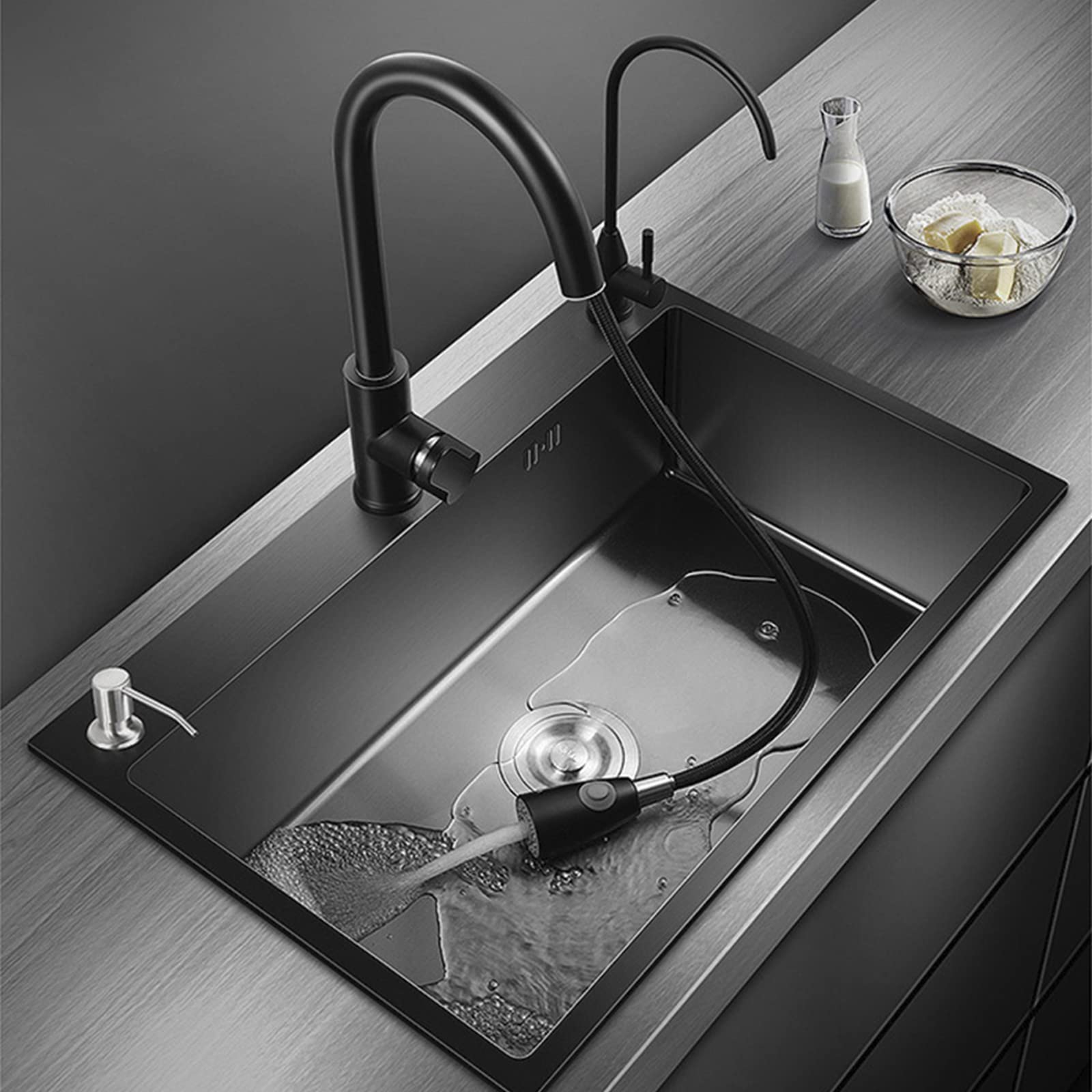 Fregadero de cocina, 304 Acero Inoxidable, Fregadero Cocina un Seno, Fregadero Negro, con grifo extraíble, Purificador de Agua, Dispensador de Jabón (68 * 45cm)