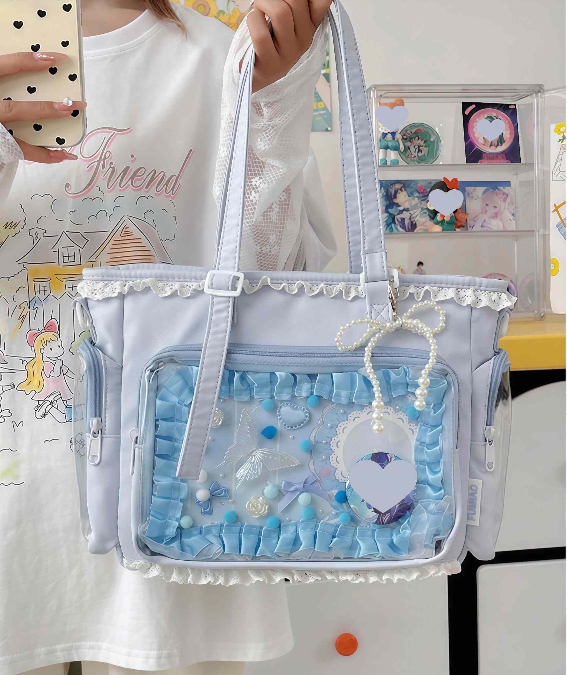 Ita Bag Kawaii, Borsa a Tracolla Donna con Finestra Trasparente e Inserto per Spille Anime, Borsa Crossbody Y2K con Volant e Cerniera, per Cosplay e Uso Quotidiano