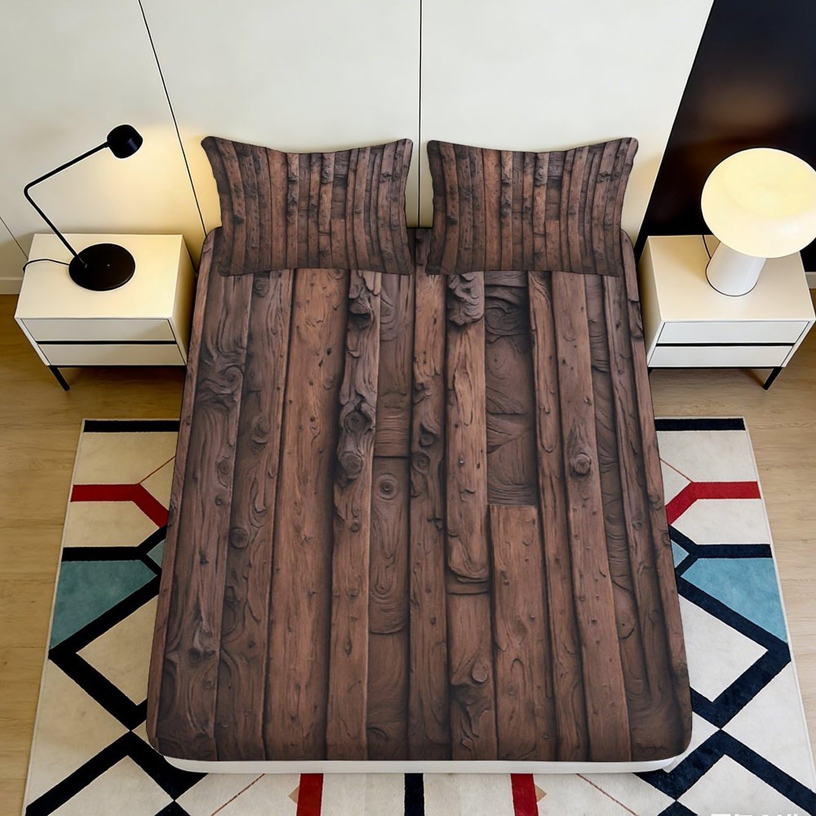 3D Printed Rustic Wood Plank Fitted Sheet Microfiber Non Slip Mattress Cover Bedroom Decor, Brown Bed Sheet for Home Dorm 90x200x25cm