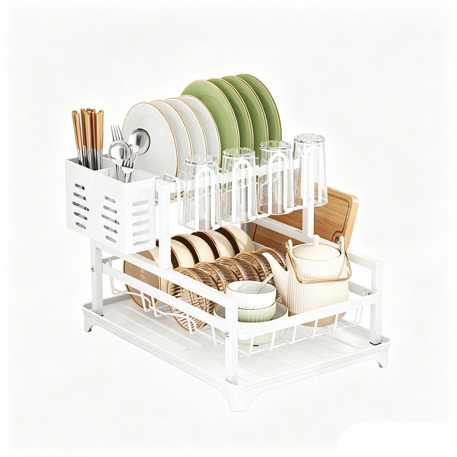 Tbatm White Kitchen Countertop Dish Storage Rack With Detachable Cutlery Compartment, Practical Two Layer Tableware Dryer Organizer For Various Dinnerware To Keep Cooking Area Neat And Tidy,,2 Tier