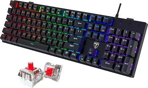 RisoPhy Teclado mecánico para juegos, RGB de 104 teclas ultradelgado con retroiluminación LED, teclado USB con cable con interruptor rojo, teclas