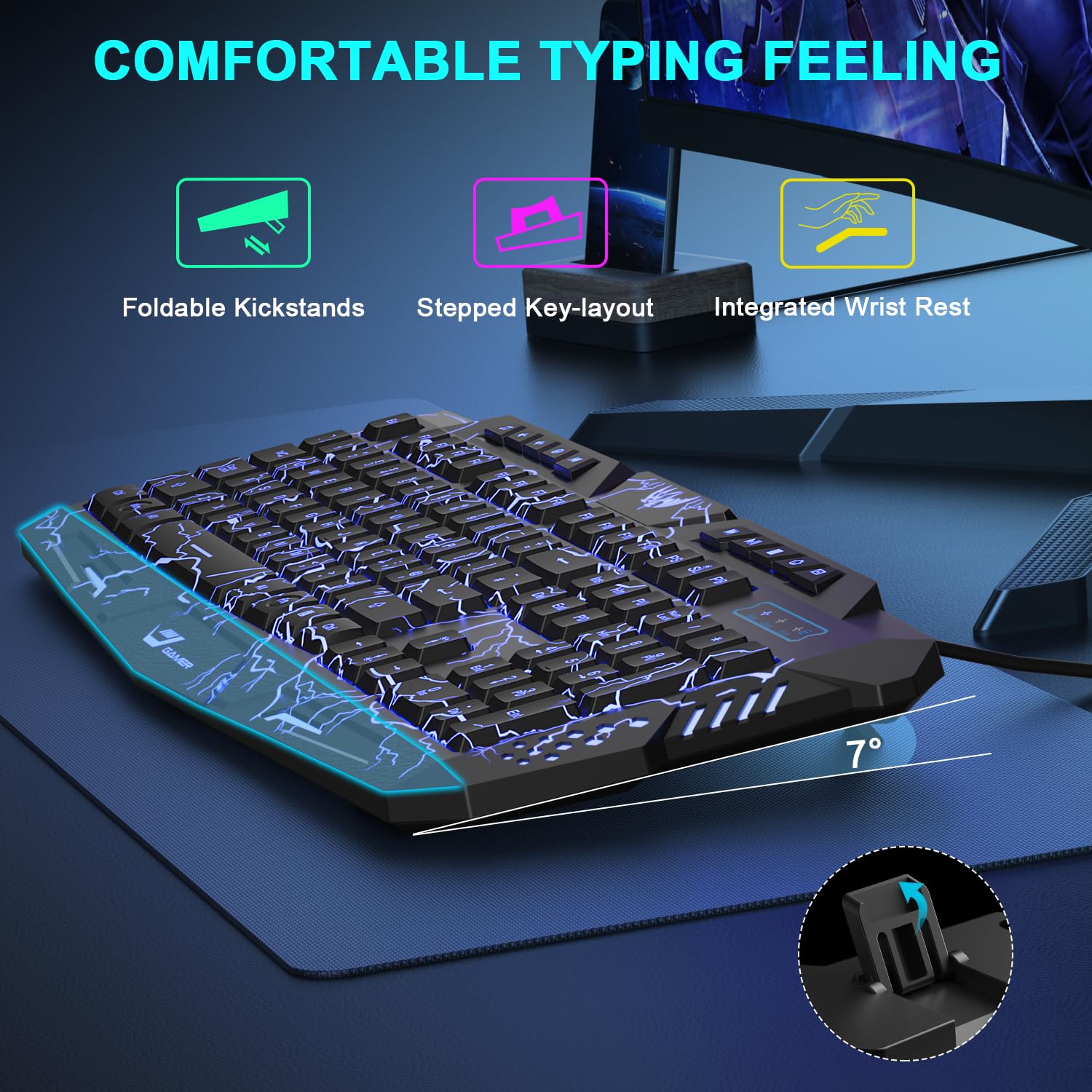 Set di tastiera e mouse da gioco con cuffie, layout UK, tastiera cablata retroilluminata crack, mouse da gioco a LED a 4 colori, cuffie over-ear, tappetino per mouse grande, pacchetto tutto
