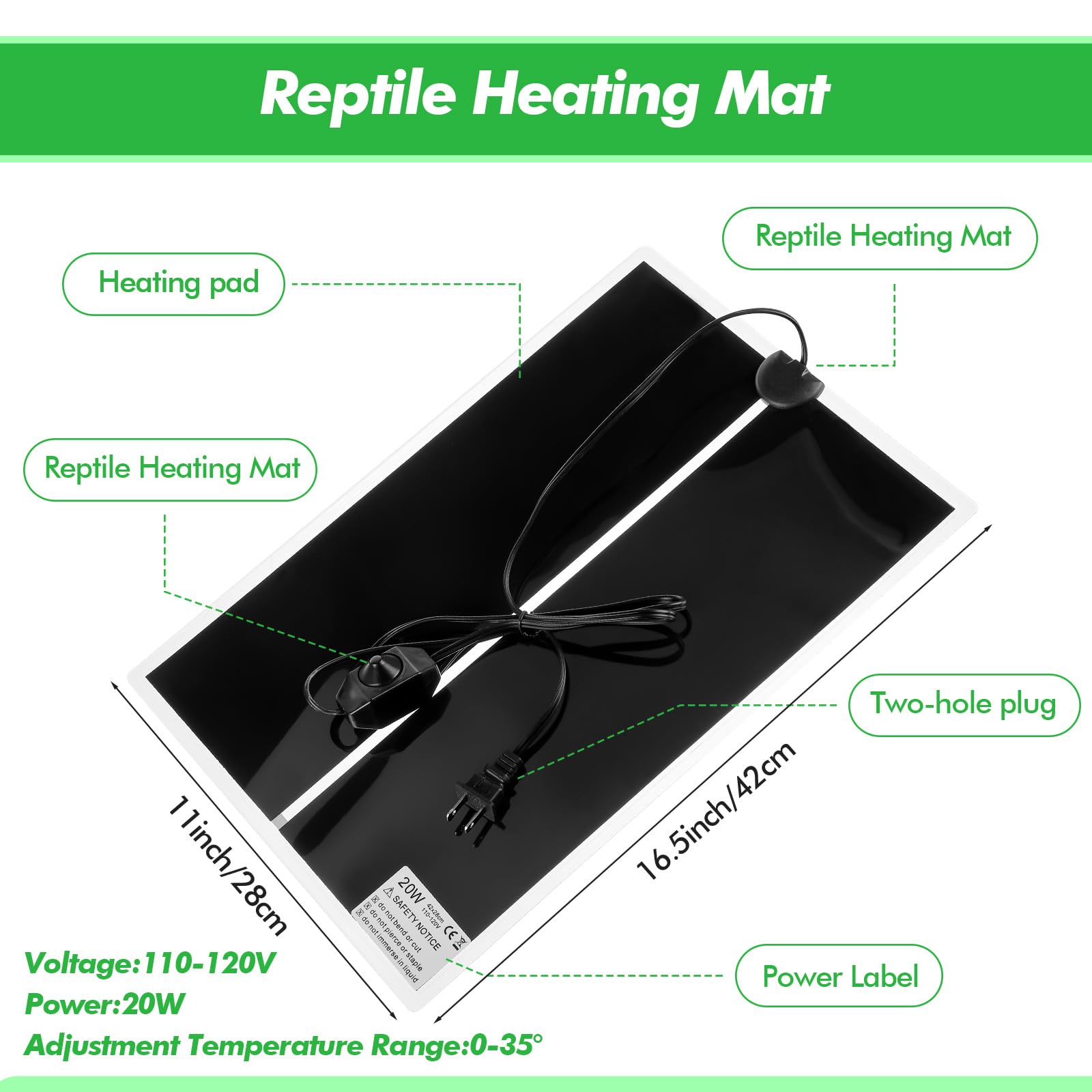 ROCEEI 3 alfombrillas de calor para reptiles de 11 x 16.5 pulgadas, 20 W, almohadilla de calefacción para reptiles con control de temperatura, alfombrilla de calor extraíble para terrario debajo del