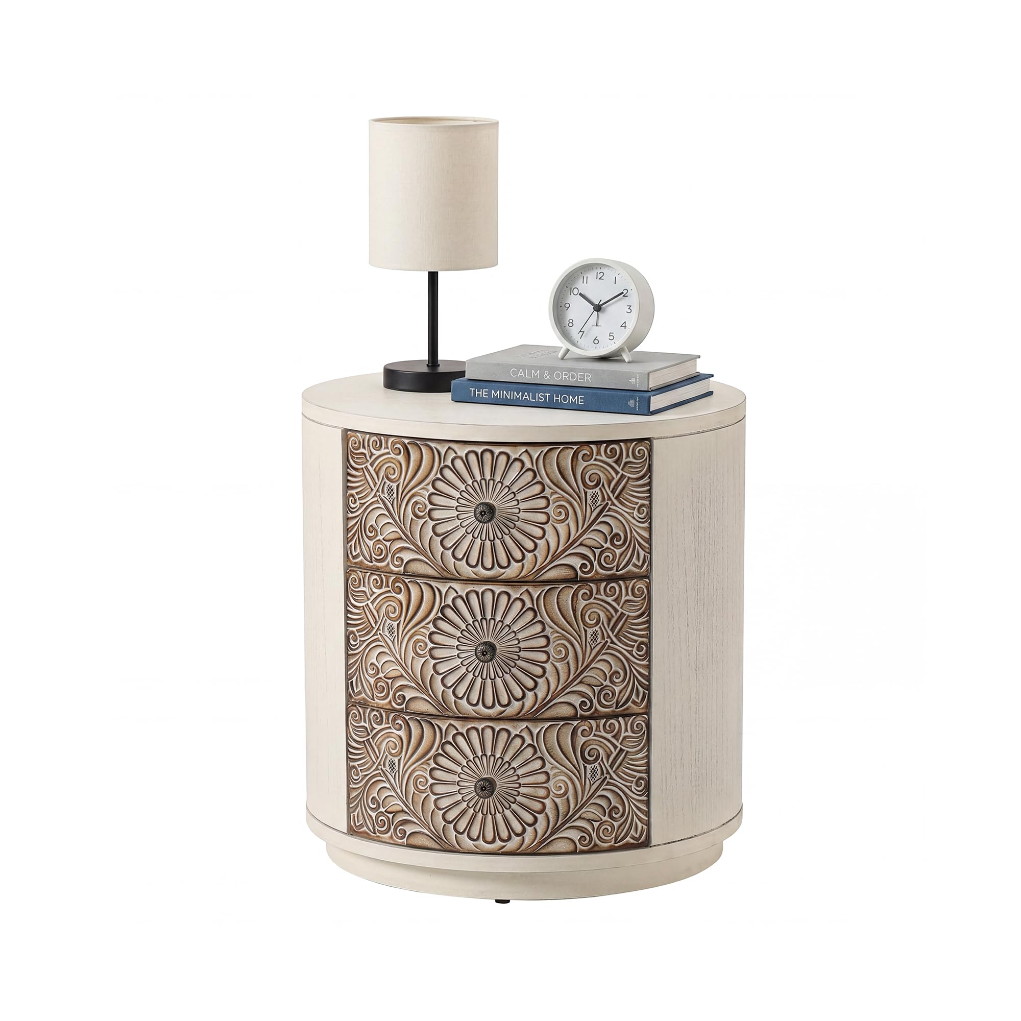 HOMPUS Round End Table with Carved Floral Pattern, Vintage Nightstand w 3 Storage Drawers, Modern 3 Drawer Dresser, Wood Retro Accent End Table for Living Room, Bedroom, Distress White