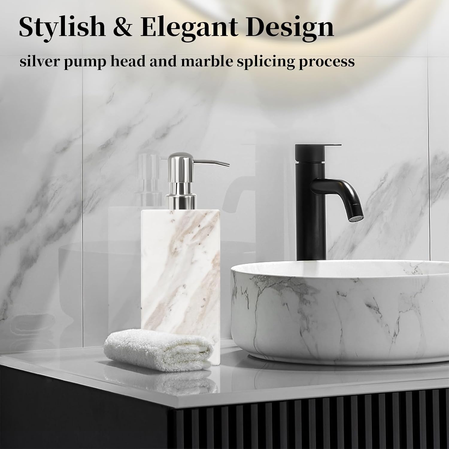 White Marble Soap Dispenser for Bathroom and Kitchen Countertop - Lotion and Liquid Soap Dispenser, 6.7 Ounces Soap Bottle with Pump - Image 2