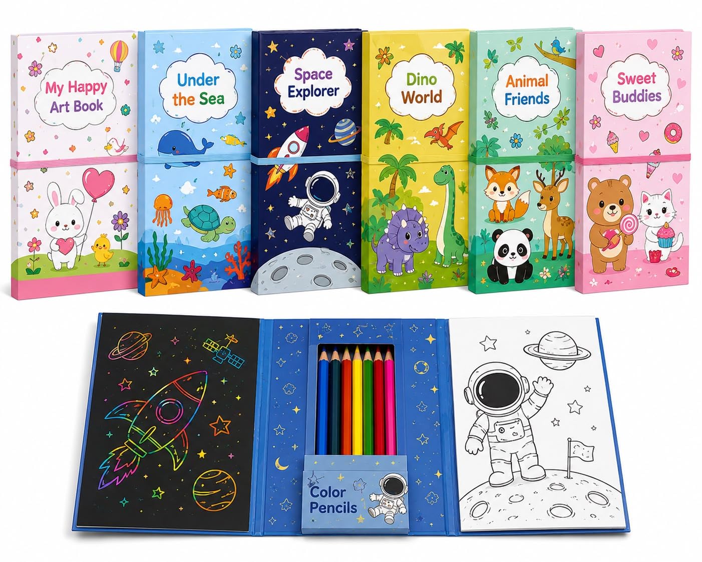 Returngifts - Pack of 6 Coloring Book Sets for Kids birthday return gifts I Art & Craft Kit with Colouring Sheets, Pencils, Scratch book | Return Gifts for kids birthday party for age 3, 4, 5, 6, 7, 8, 9 years old. Random colour design-picture-12
