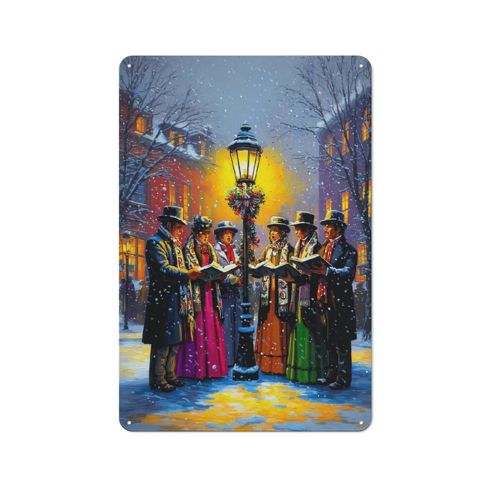 Junmoney Christmas Carolers In Snowy Street Retro Metal Sign With Design 30X20cm, Nostalgic Vintage Wall Decor For Kitchen, Hallway, Bar Or Small Cafe