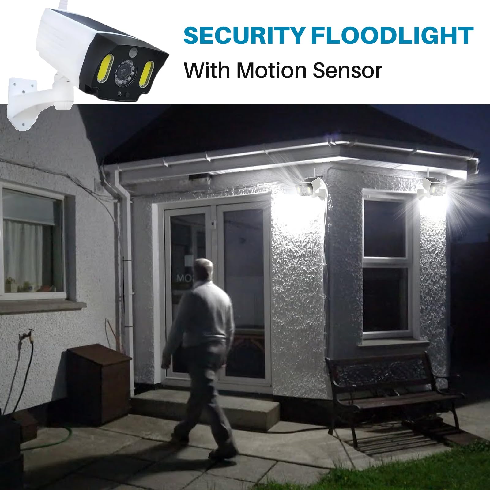 JUSTOP Cámara CCTV falsa, funciona con energía solar, luces LED de seguridad con sensor de movimiento PIR, impermeable para uso en exteriores, color blanco