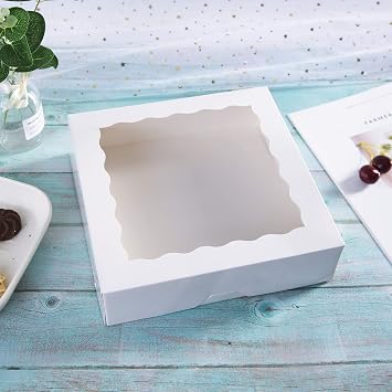 ONE MORE [15pcs] 12inch White Bakery Boxes, 12x12x2.5inch Large Pie Boxes with PVC Window Natural Disposable Box for Cookie,Pack of 15 (White, 15)