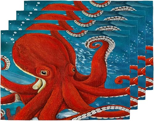 Animal Octopuses Theme Placemats Set of 4 Table Mats Washable Placemat Waterproof Place Mats for Party Home Dining Table Decor 18x12 in