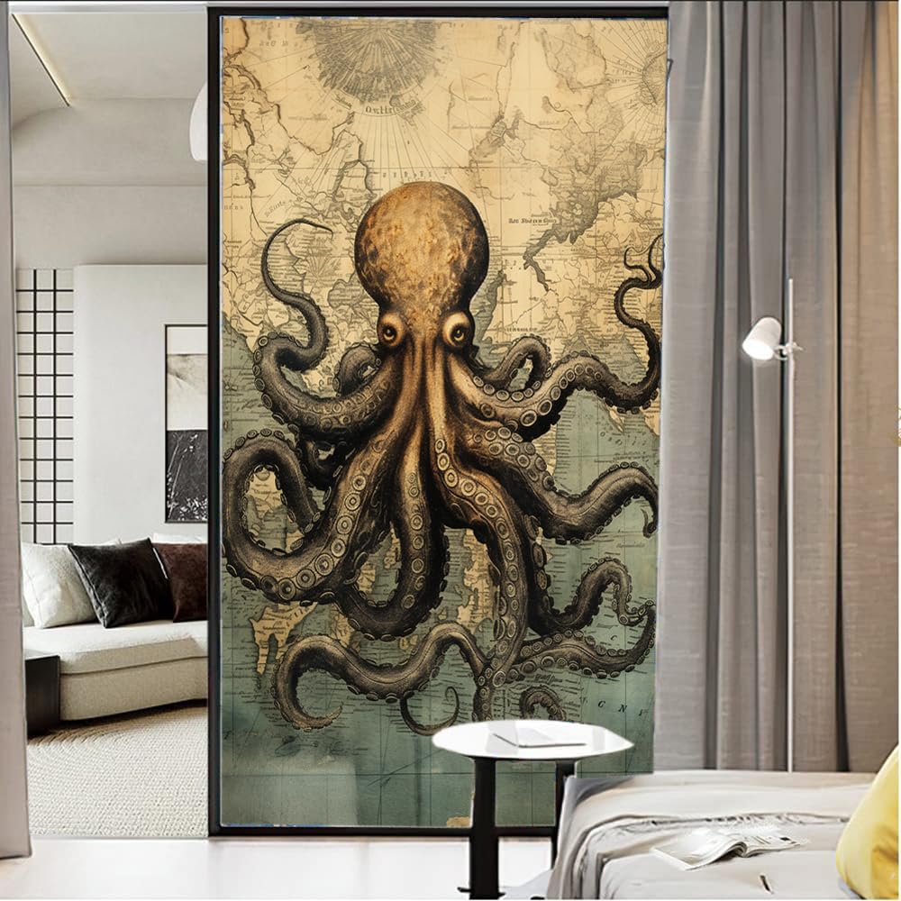 Ayaros Style E Map Octopus Stained Glass Window Film Retro Animals Nautical Map Privacy Window Film Non-Adhesive Glass Film Decorative Static Cling Film For Home Office 17.7Wx23.6l Inch