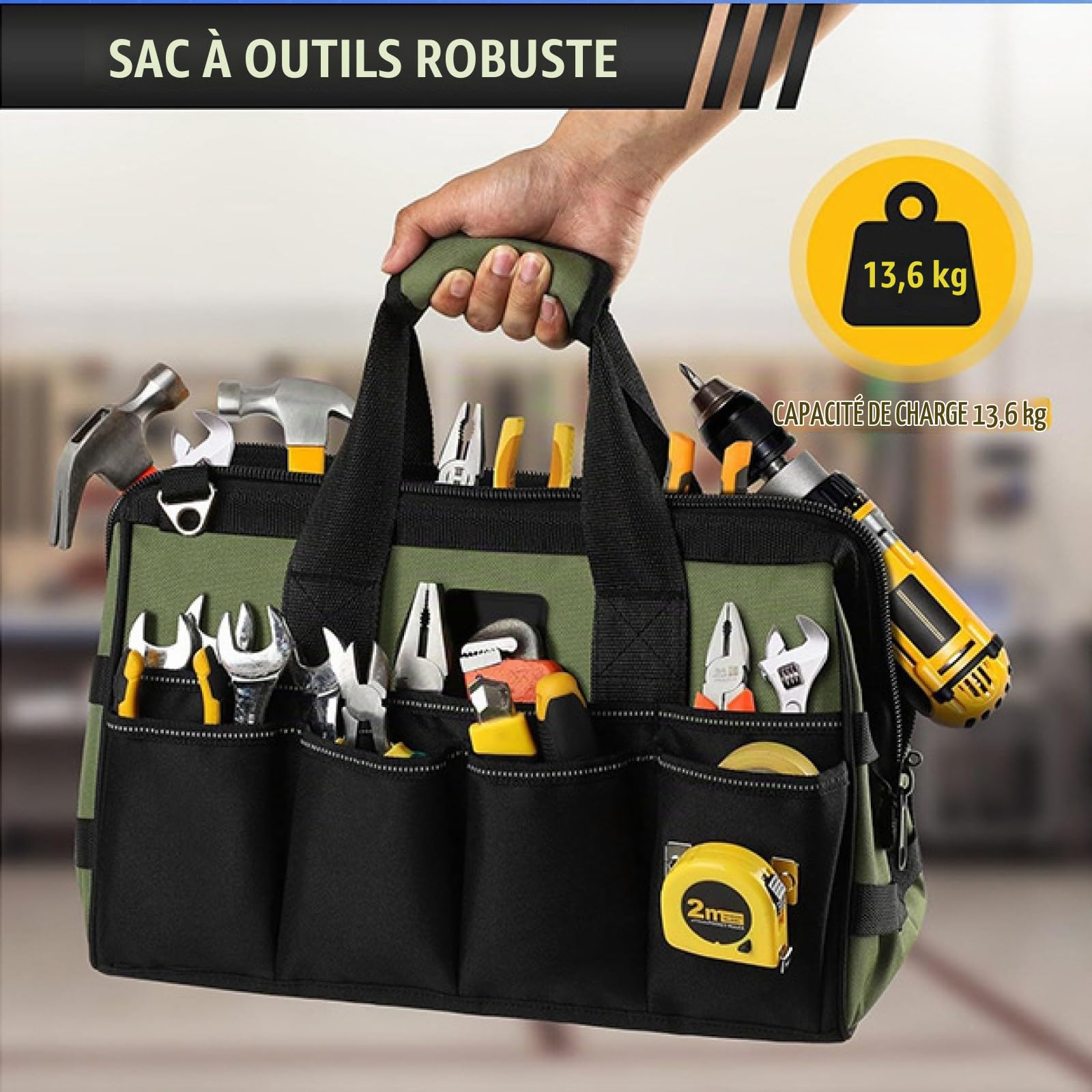 Sacoche Outils,Sac Outils vide,25 Poches Grand Ouverture Robuste Sac à Outils,Organiseur de Rangement,étui de Transport pour Papa,Homme,Mécanicien,électricien,Jardinage(Sac Uniquement)
