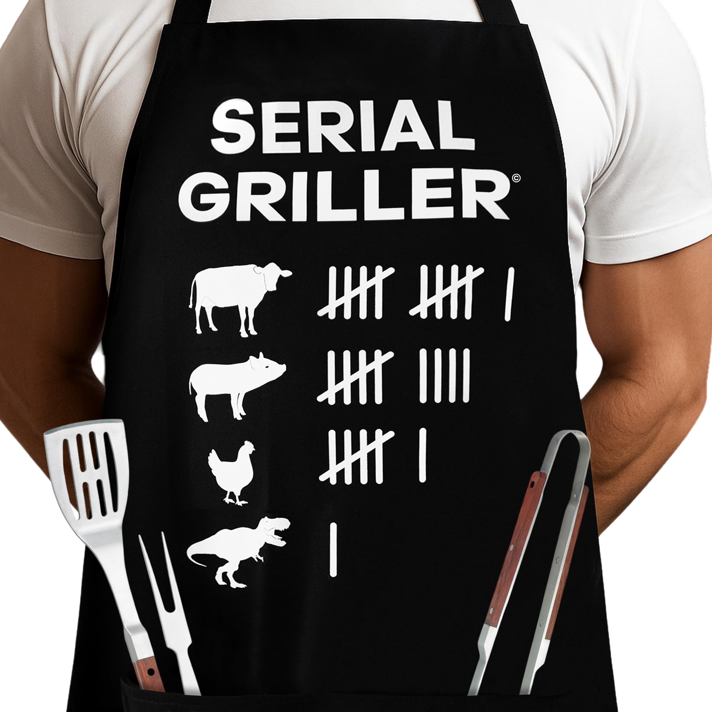 Funny grill & BBQ kitchen apron with pockets for men. Ideal gift for dad, mens, husband, chef, adult, man, boyfriend, women. For grilling and cooking - Dinosaur aprons gifts SERIAL GRILLER