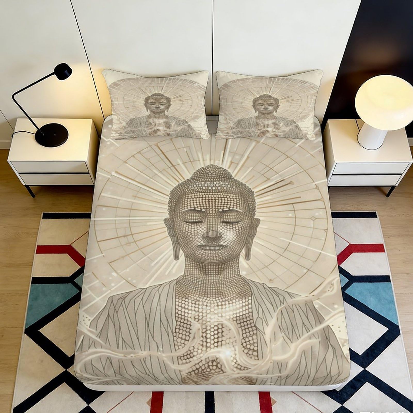 3D Printed Buddha Meditation Fitted Sheet Microfiber Beige Zen Aura Mattress Cover for Bedroom Dorm Protective Decor 90x200x25cm