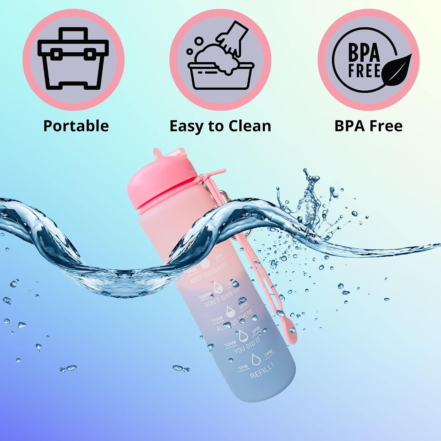 Motivational Water Bottle with Time Markings, 0.6 Litre Foldable Collapsible Gym and Sports Silicone Water Bottle - Image 5