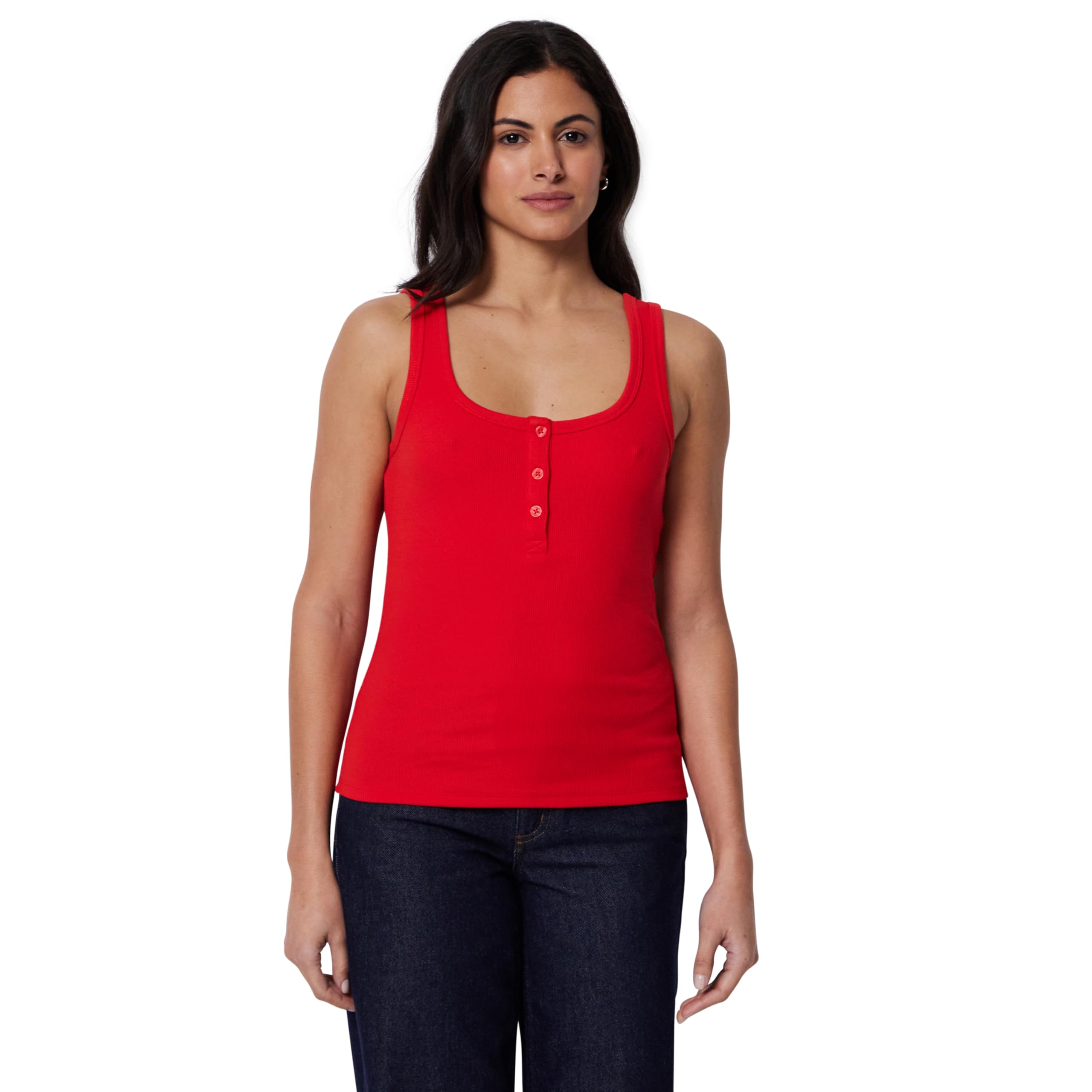 Amazon Essentials Women's Slim-Fit Ribbed Henley Tank, Red, Large