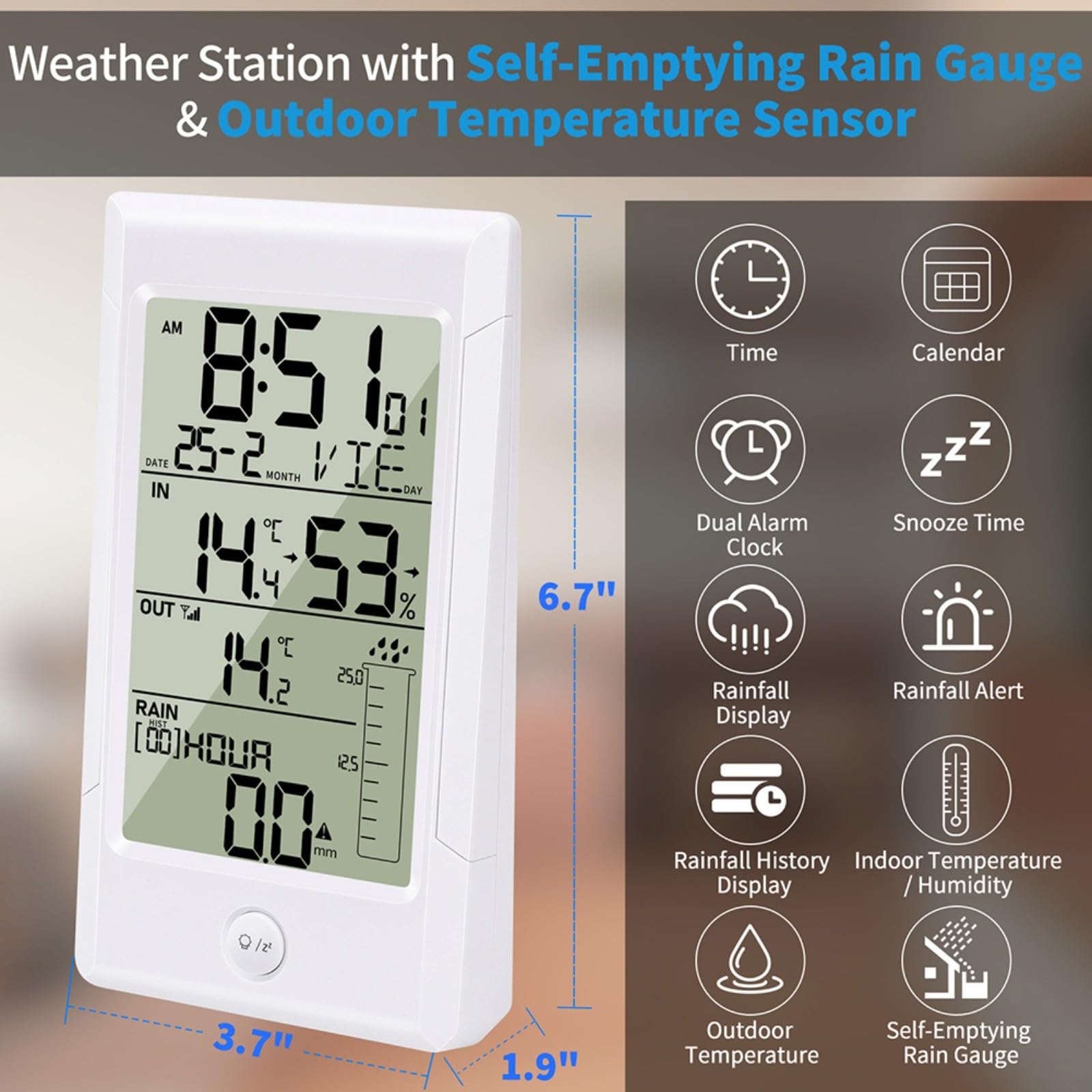 Wetterstation Funk mit Regenmesser, Innen Außen Thermometer Hygrometer, Digital Temperatur Luftfeuchtigkeit Monitor, Hintergrundbeleuchtetes Display, 9-Tage-Regenfallverlauf, Wecker für Zuhause