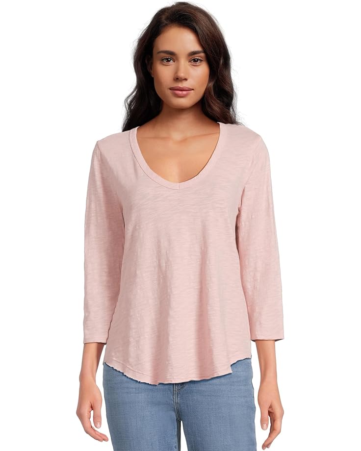 Mod-o-doc 3/4 Sleeve V-Neck Tee with Curved Hem - Main View