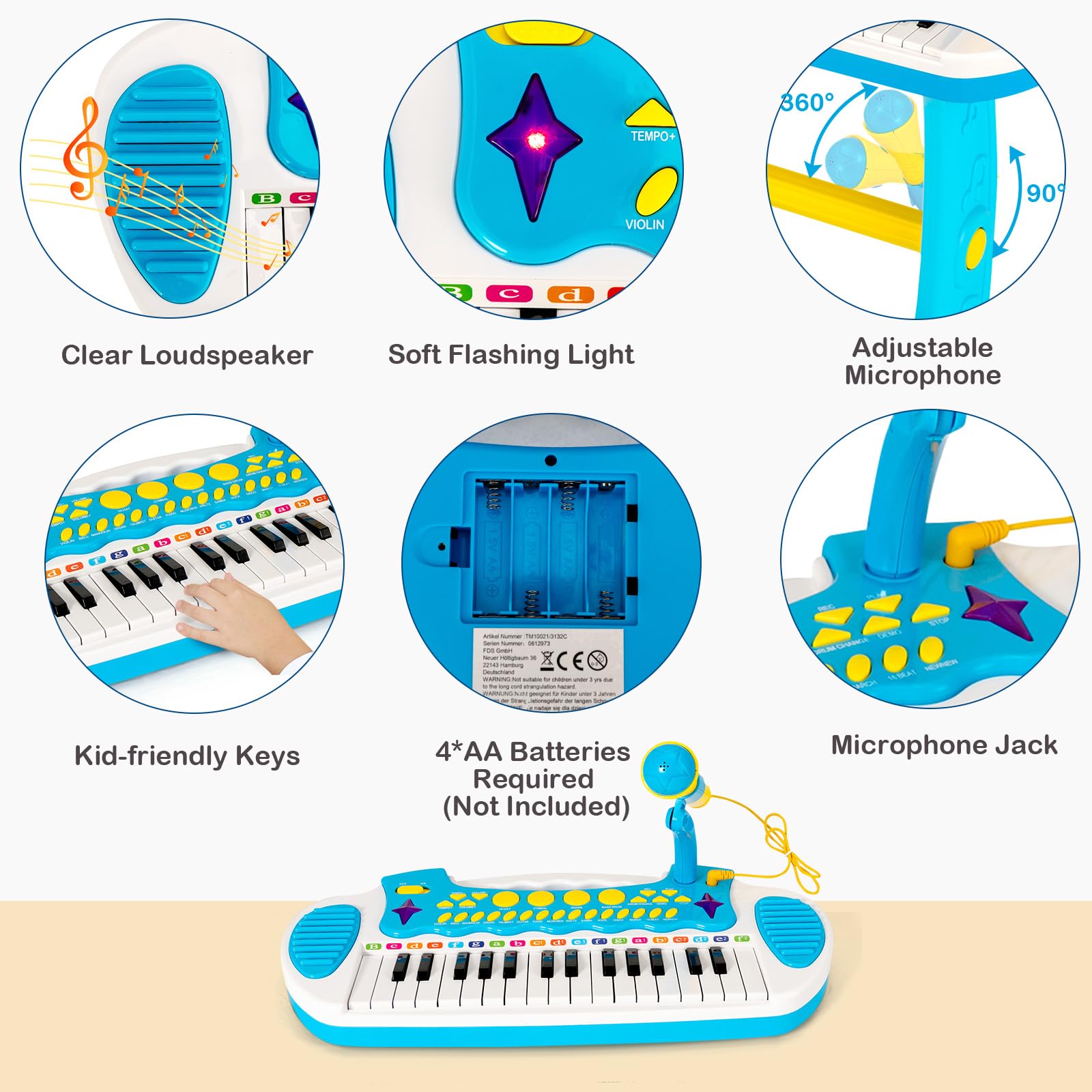 KOMFOTTEU Pianola Bambini Musicale Tastiera, Tastiera Digitale a 31 Tasti, Mini Tastiera per Bambini con Effetti Luminosi e Microfono, Strumenti Musicali con Sgabello, 22 Battiti/8 Toni/7 Ritmi (Blu)