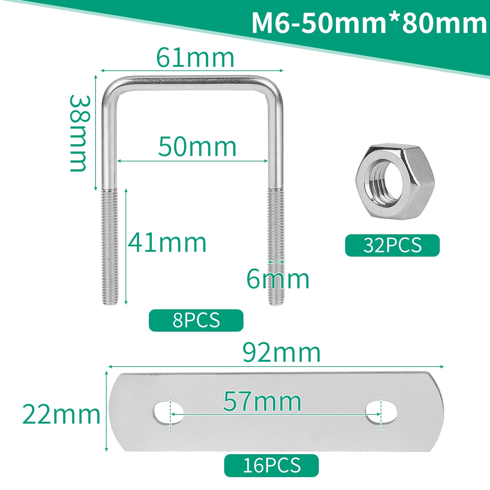 EFUTURETIME 8 x Boulon U m6 Etrier de Fixation 50*80mm, Bride de Fixation en U Inox à Visser avec 32 Écrous et 16 Tôle