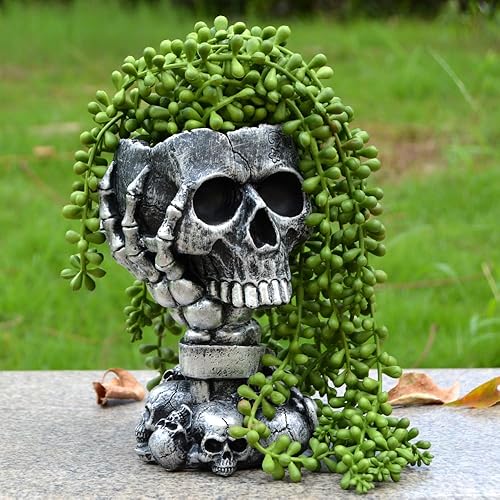 Miniatura 7 de Maceta de calavera decorativa gótica de resina, plateada y negra, mesa, hecha a mano, diseño detallado