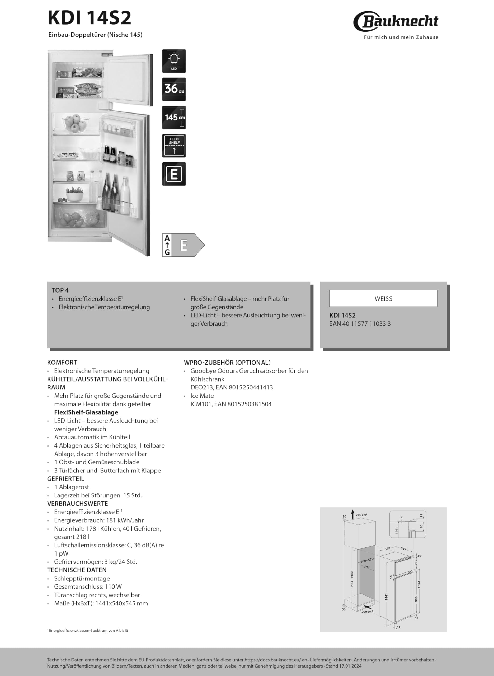 Bauknecht KDI 14S2 Einbau-Kühl-Gefrierkombination