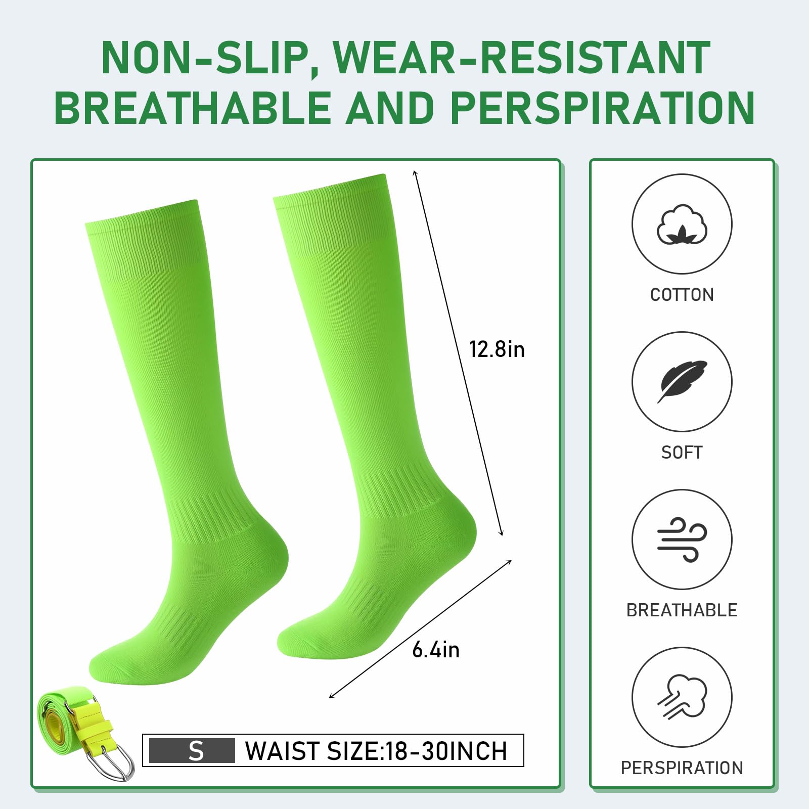 Zhanmai Baseball Belt and Socks Combo Adjustable Softball Socks and Belt Elastic Waist Belt for Youth Boys Girls, and Adult (Fluorescent Green,Small)