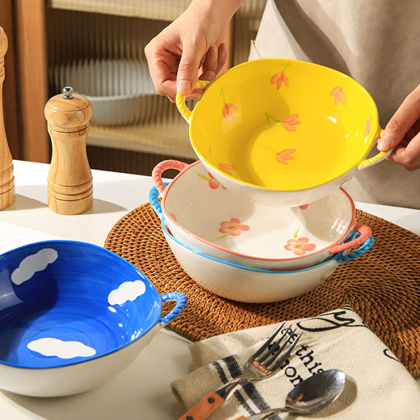 Miska do sałatek, miski do zupy, ceramiczna miska z uchwytem, ceramiczna miska ramen, miseczki pho, duża miska do zupy, nadaje się do kuchenki mikrofalowej, miska na makaron Udon - różowa krata, 24 x