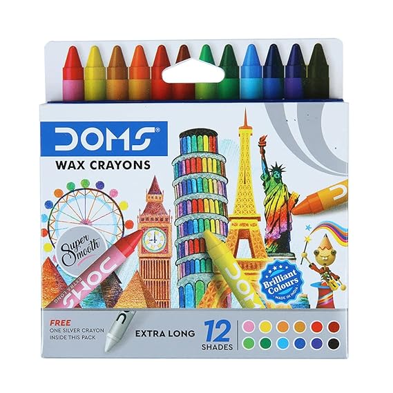 DOMS NonToxic Extra Long Wax Crayon Set in Cardboard Box (12 Assorted