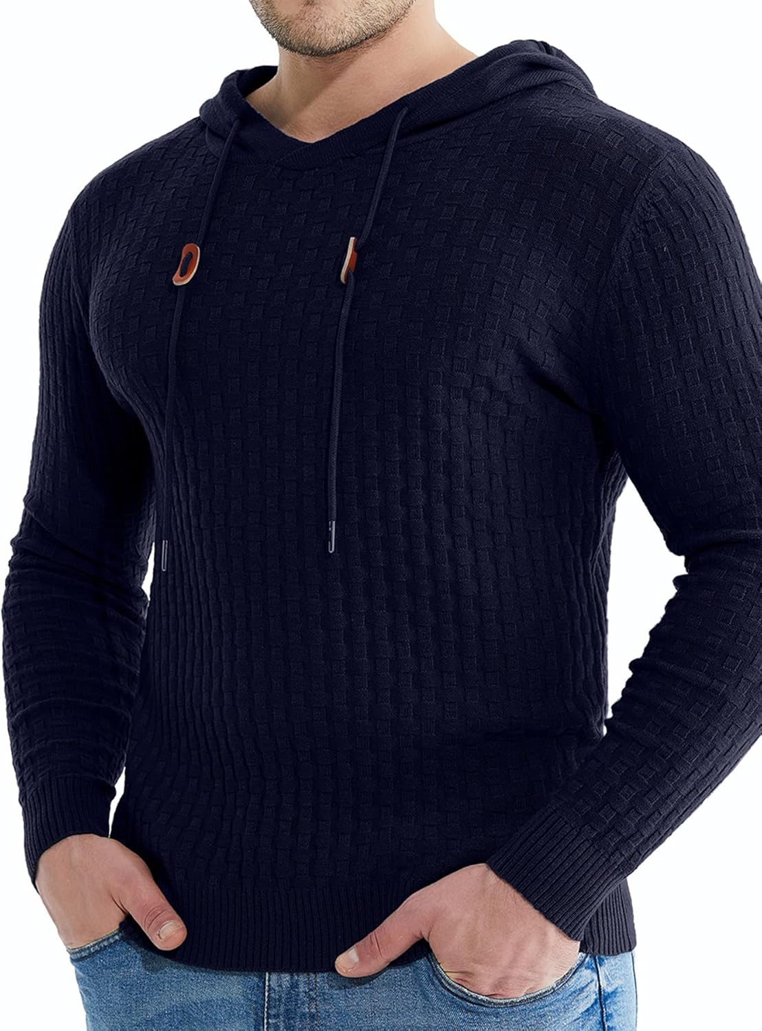 Askdeer Men's Pullover Sweater Long Sleeve Waffle Knitted Sweater Casual Soft Hoodie Pullover Sweaterwith Ribbing Edge Navy Blue - Image 4