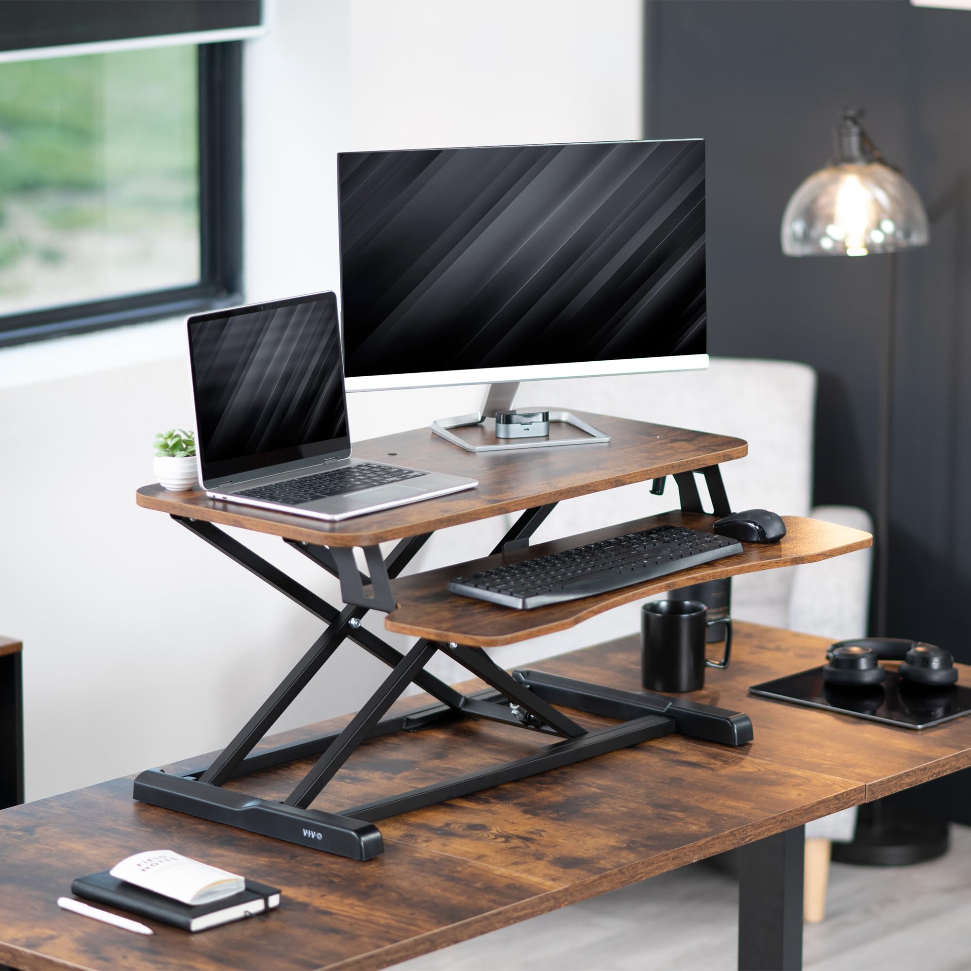 VIVO DESK-V000KN Konwerter biurkowy 81,3 cm, seria K, z regulacją wysokości, stacja robocza z podwójnym monitorem i laptopem z szerokim blatem do klawiatury,