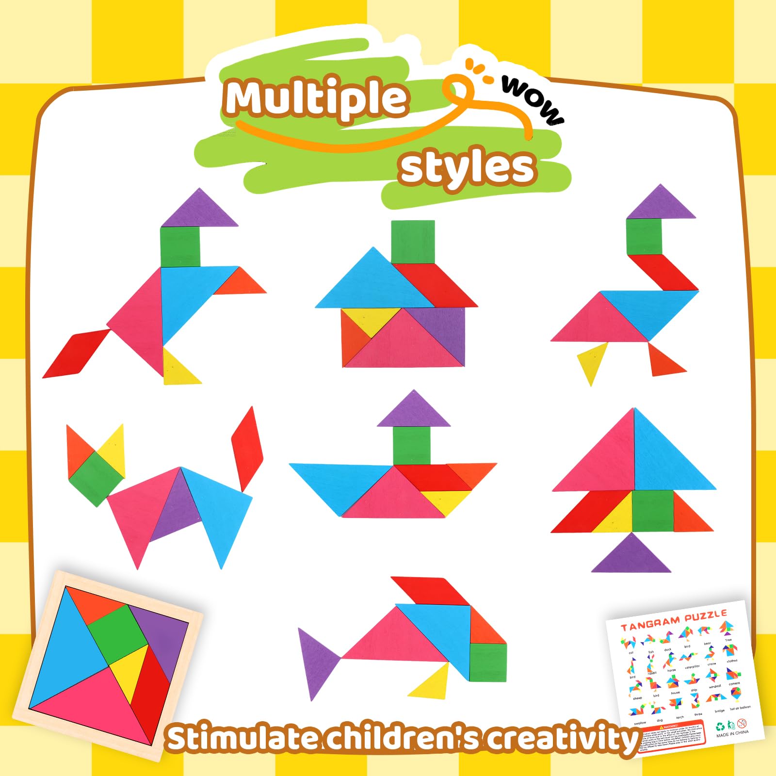 16 Gioco Tangram in legno per bambini, Tangram Jigsaw Puzzle in Legno, Divertenti Giocattoli Educativi Rompicapo di Apprendimento