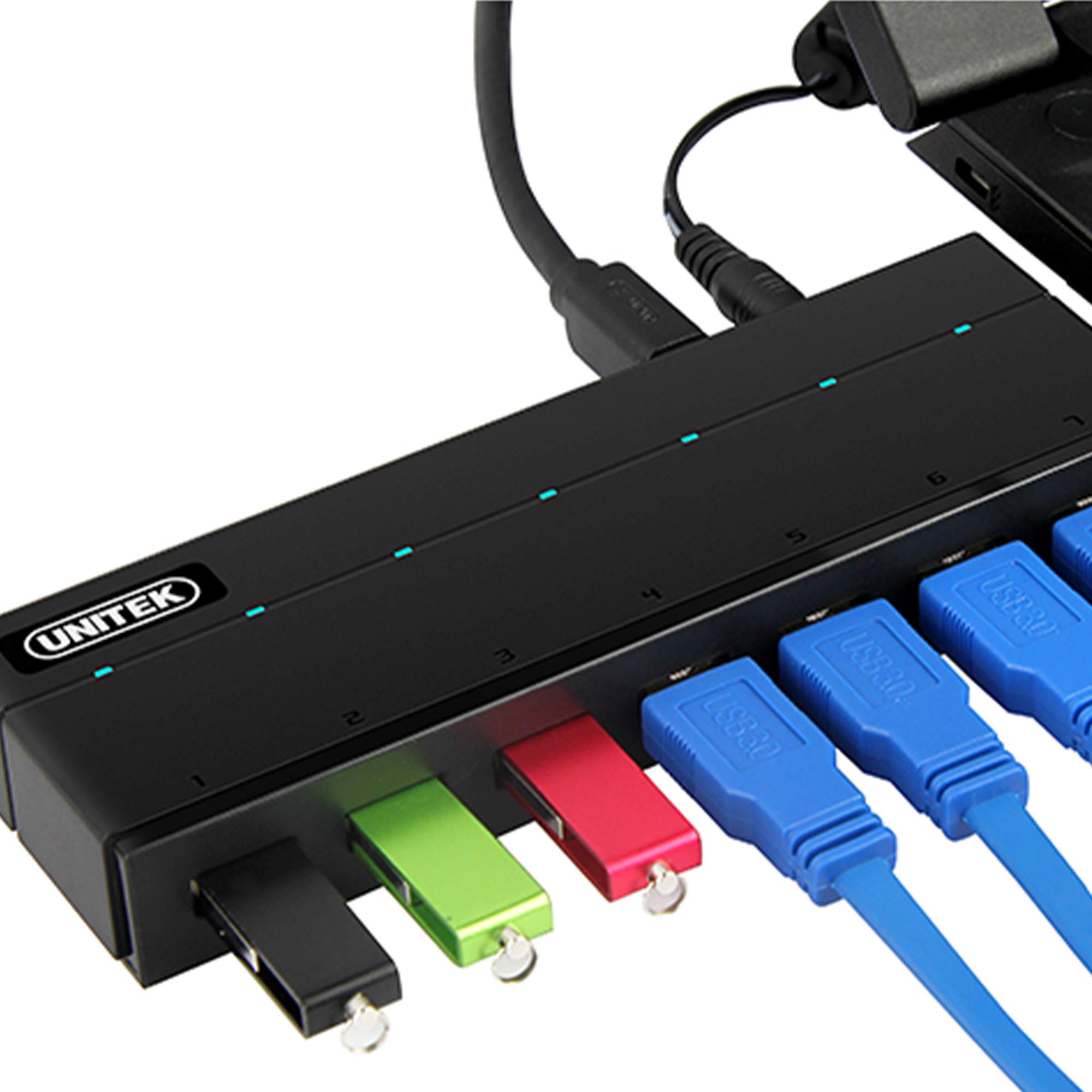 UNITEK Hub 7 porte USB 3.0 attivo con alimentazione, distributore multiplo di hub dati per PC, laptop, tastiera, mouse, stampante, compatibilità iOS (Mac) + Windows, Plug&Play, Nero