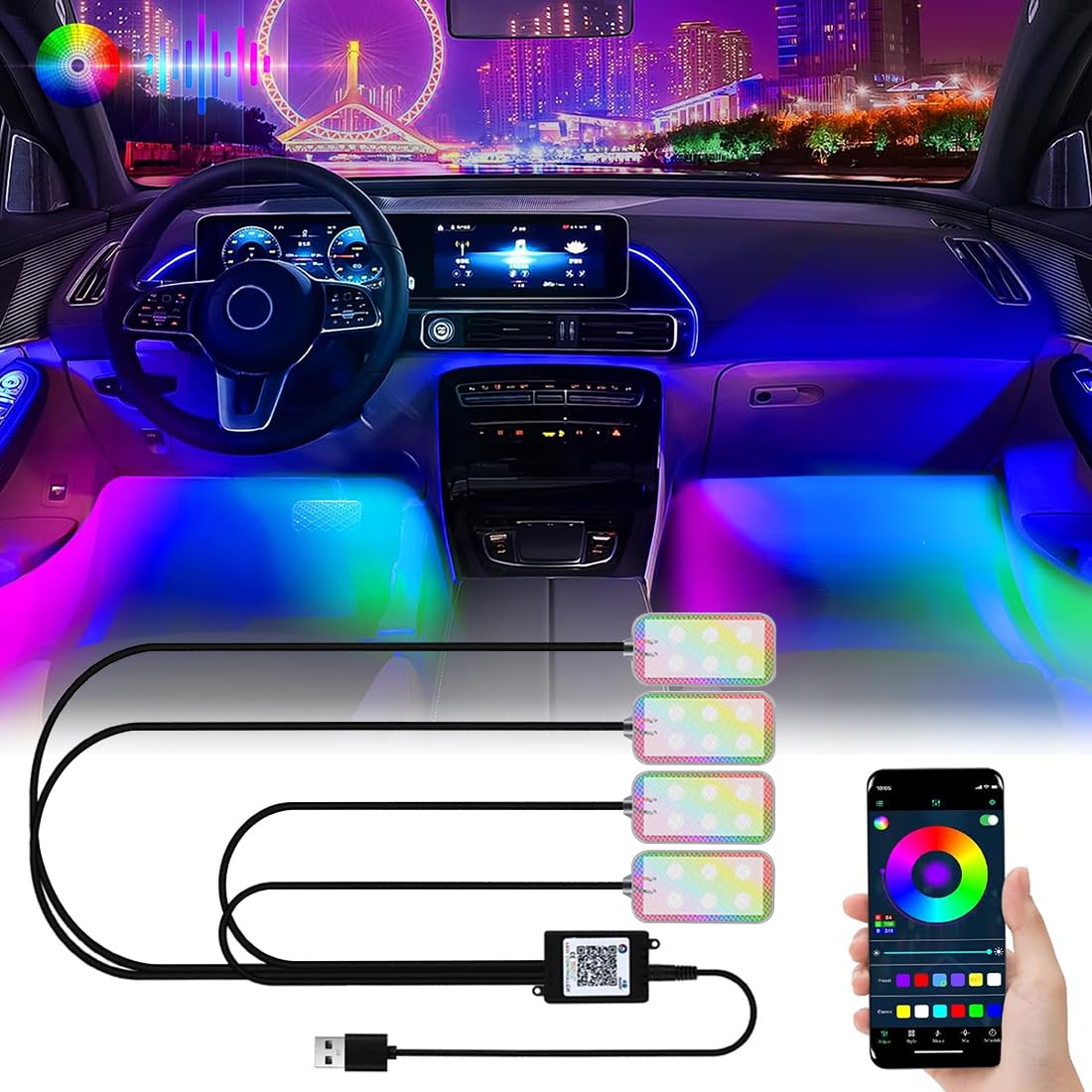 Auto LED luci interne, auto Led luci interne Usb, APP controllo musica suono attivato auto striscia di luce LED accessori, USB decorazione luci d' atmosfera, auto roba illuminazione Kit decorazione