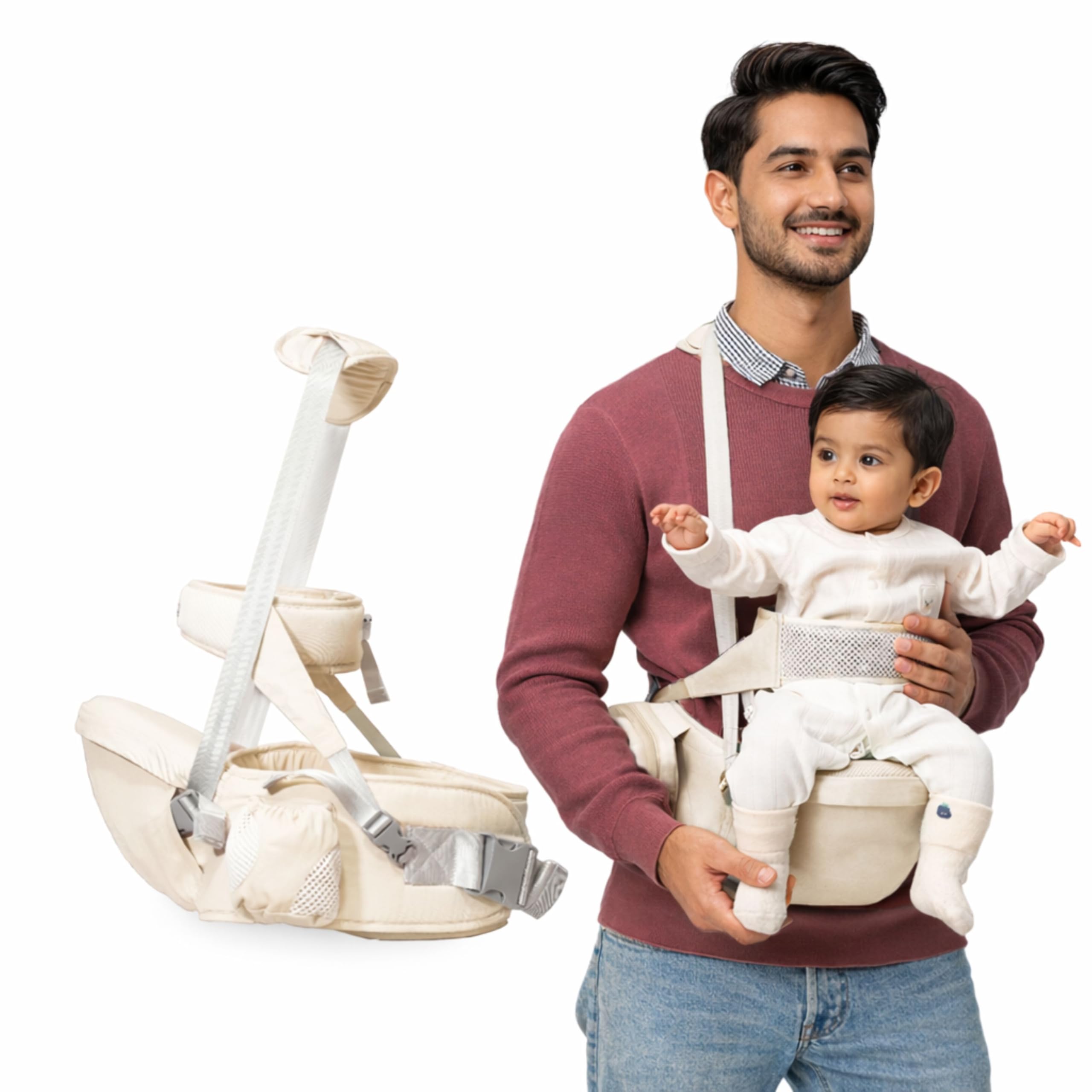 Kids Station Baby Carrier with 4 Carry Positions, Baby Carrier with Hip seat for 6 to 24 Months Baby, Adjustable New-Born to Toddler Carrier, Max Weight Up to 15 Kgs (Beige, Happy Strap)-image-28