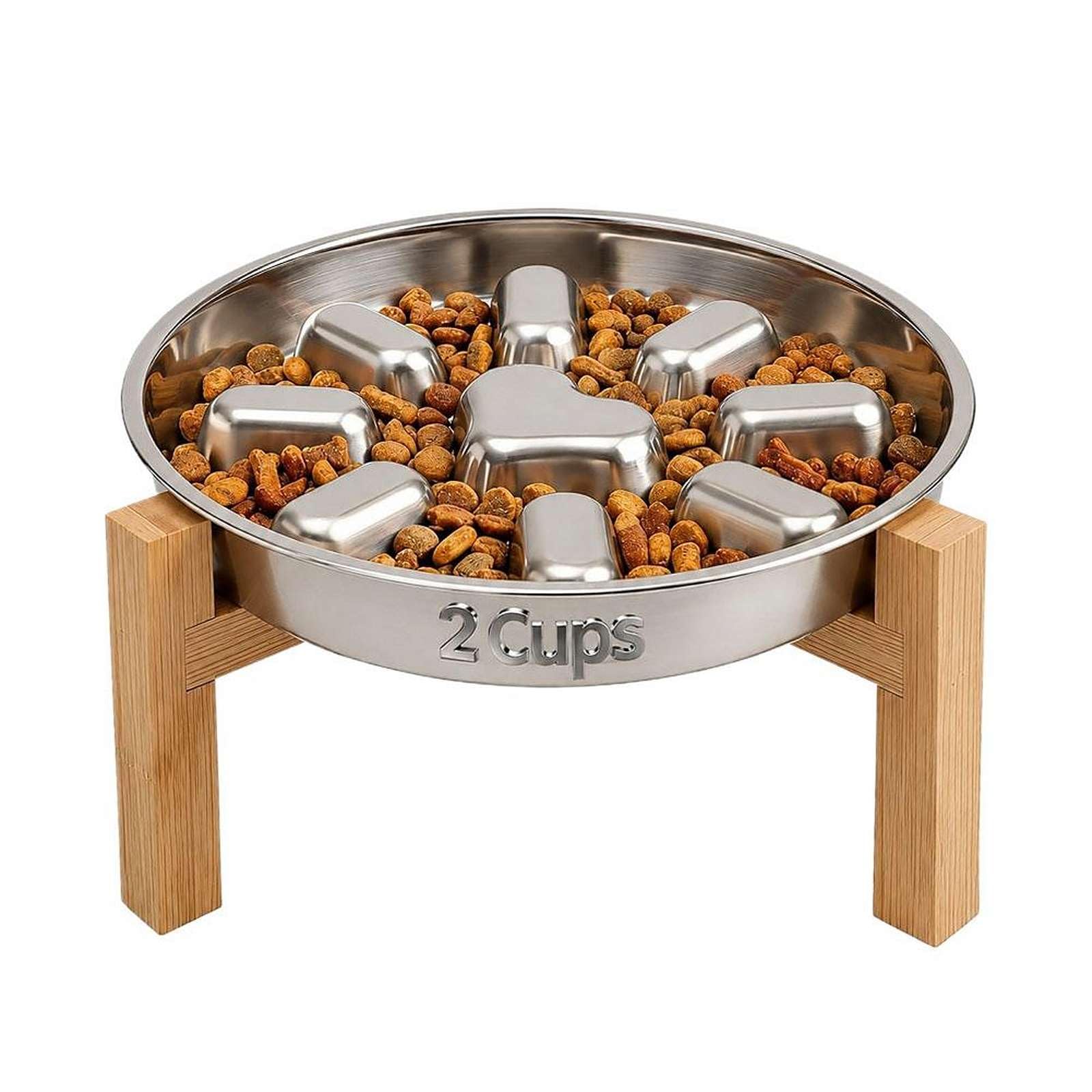 Stainless Steel Slow Feeder Dog Bowl, Elevated Slow Feeder Dog Bowl, Anti-Choke Pet Dish, Elevated Wooden Stand